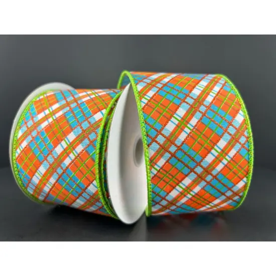 2.5" White Satin Busy Plaid Ribbon: Teal, Lime and Orange (10 Yards) {2}