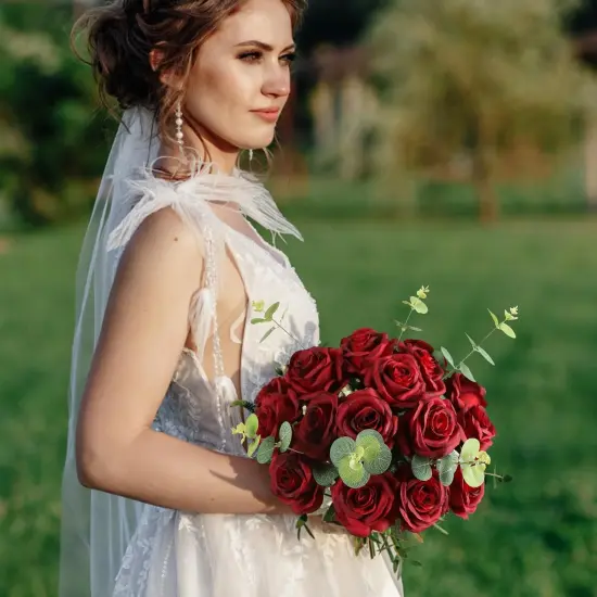 Realistic Long Stem Fake Silk Roses Bouquet for Wedding Centerpiece {5}