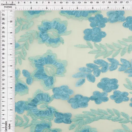 1 Yard Mesh Sequins Embroidery Fabric, Polyester Spandex Blend GREEN {4}