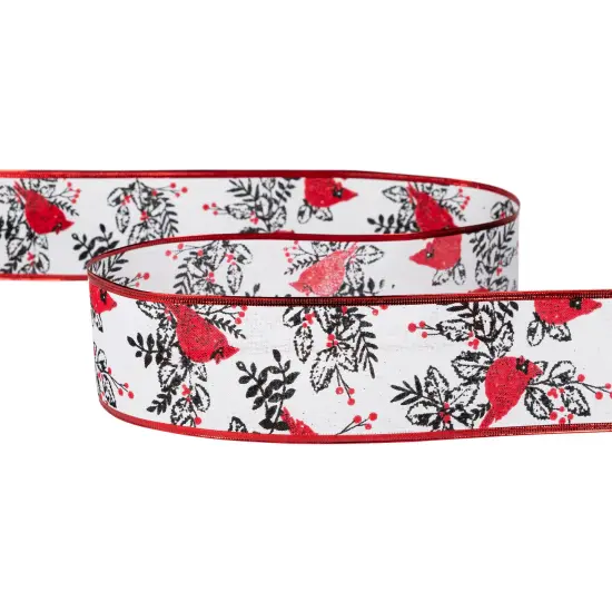 Northlight Cardinals with Leaves and Berries Wired Craft Christmas Ribbon 2.5" x 10 Yards White {5}