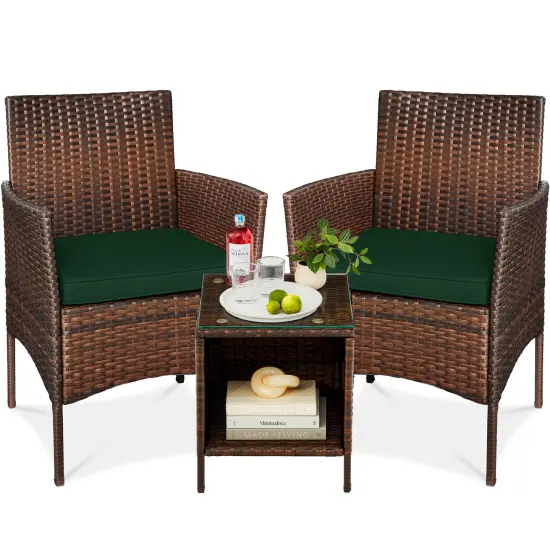 Best Choice Products 3-Piece Outdoor Wicker Conversation Patio Bistro Set, w/ 2 Chairs, Table Brown/Midnight Green {1}