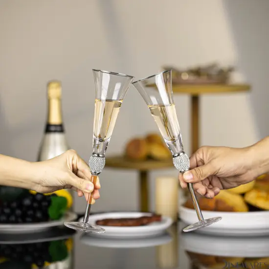 Elegant Crystal Set Wedding Champagne Glasses with Diamond Rhinestone Accents and a Polished Rim - 11 in Tall with Slender Long Stems, 7 oz - Chic Toasting Set for the Bride and Groom {6}