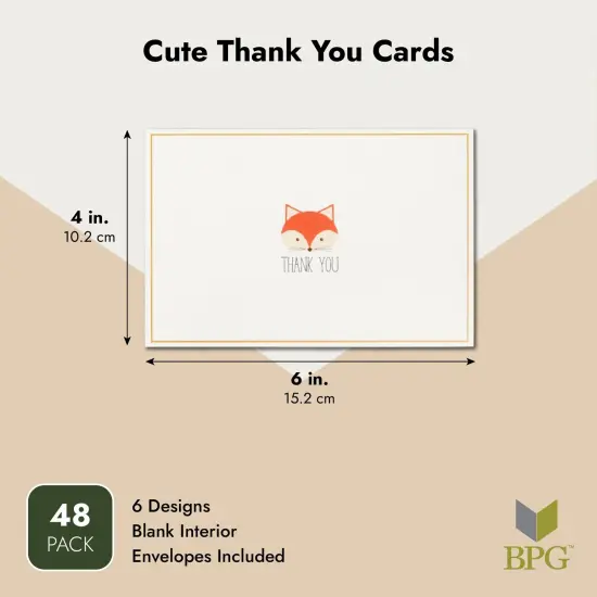 Cute Thank You Cards with Envelopes for Baby Shower, Fox Designs (4x6 In, 48 Pack) Multicolor {3}