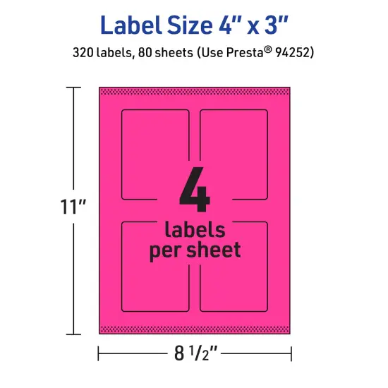 Avery Neon Magenta Paper Labels, 4" x 3" Rectangle {5}