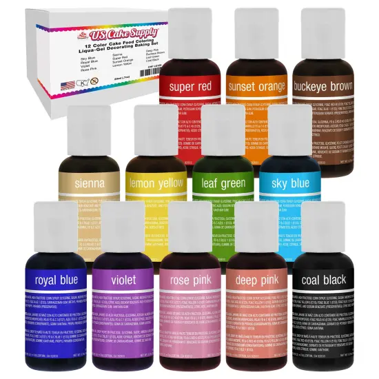 US Cake Supply by Chefmaster Liqua-Gel Cake Color Set - 12 of the Most Popular Colors in 0.7 fl. oz. (20ml) Bottles {1}