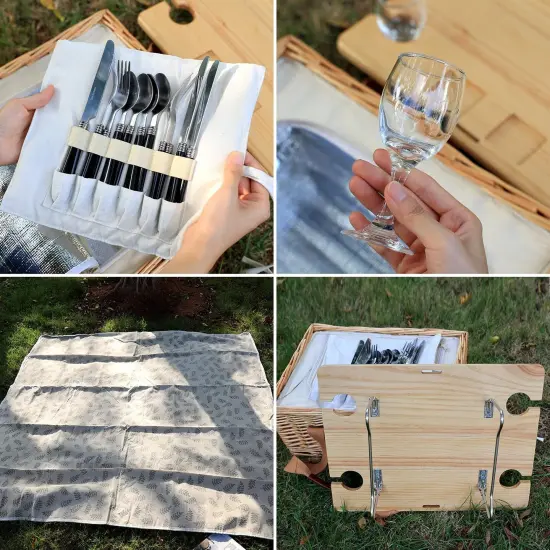 Picnic Basket for 4 with Mini Folding Wine Picnic Table & Large Insulated Cooler Bag & Cutlery Service Kits for 4 Person, Couples Gifts, Wedding Gifts (Y2307-4-CM) {3}