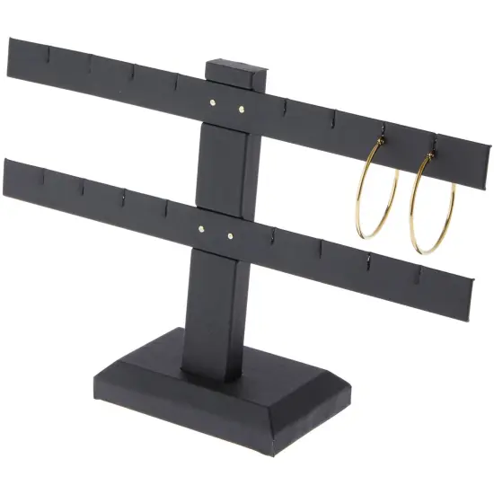 Plymor Black Faux Leather Double T-Bar, Eight Pair Earring Display Stand, 10.25" W x 6.5" H {3}