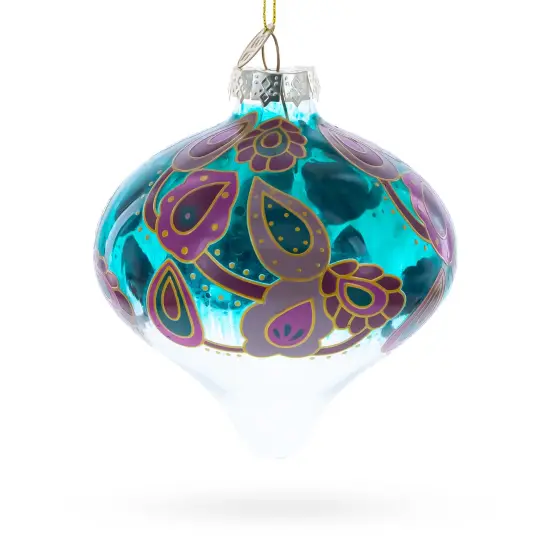 Teal Paisley Onion Shape Finial Glass Christmas Ornament {1}