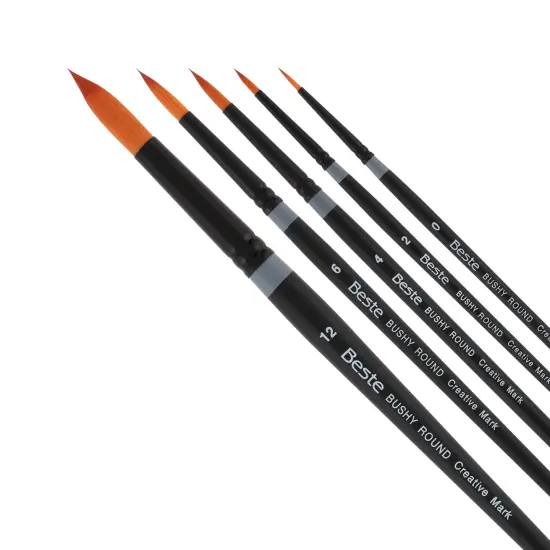 Creative Mark Beste Golden Taklon Bushy Round Set of 5 Artist Paint Brush, Professional Watercolor Brushes, For Acrylic Painting, Short Handle, Sharp Edges, Hand-Tied & Shaped {1}