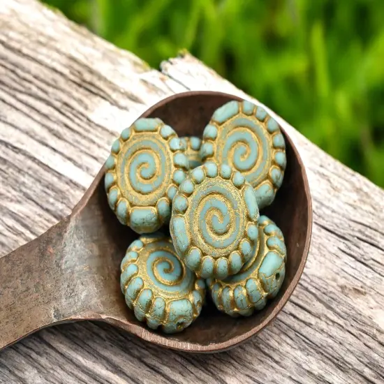 *6* 16mm Gold Washed Matte Turquoise Spiral Coin Beads {2}