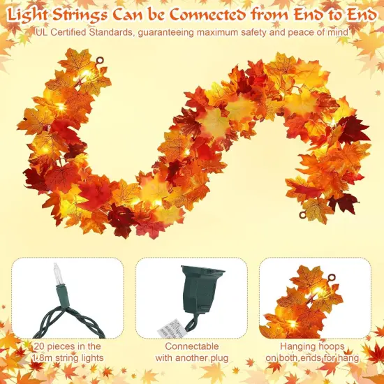 6 Packs Fall Maple Leaves Garland with Lights - 5.8FT (Connectable) {4}
