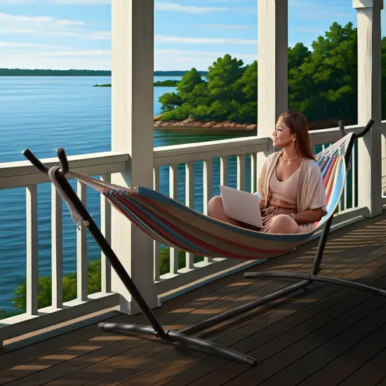 Sorbus Double Hammock With Steel Stand - Portable Carrying Case Mixed stripes {6}