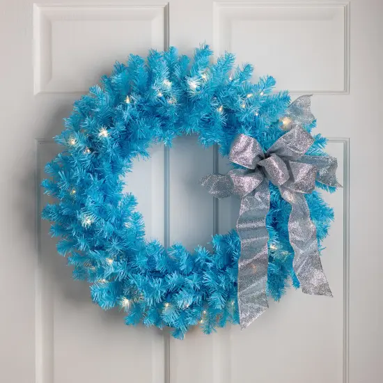 Northlight Pre-Lit Artificial Pine Christmas Wreath - 24" - Sky Blue- Clear Lights {1}