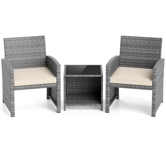 Costway 3 PCS Patio Furniture Set with Tempered Glass Coffee Table & Soft Seat Cushions Gray/Black/White {9}
