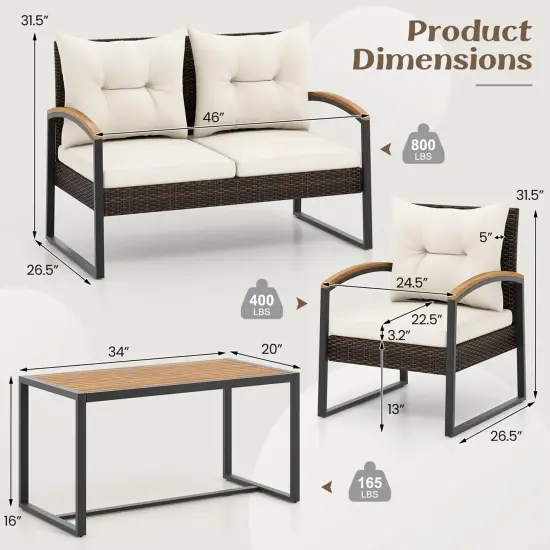 Costway 4 PCS Patio Conversation Set with Coffee Table Solid Acacia Wood Armrests Tabletop {3}