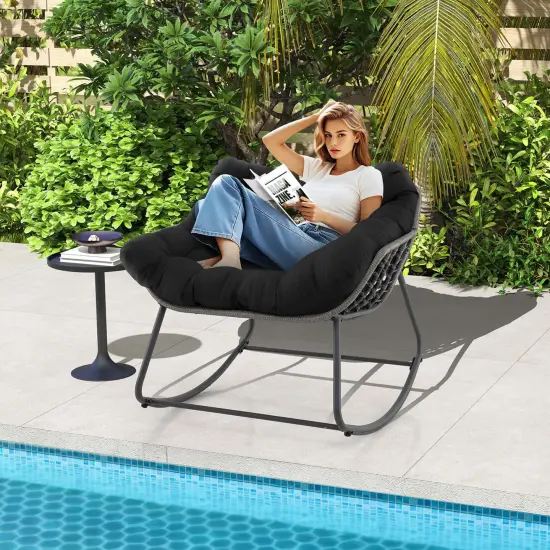 Costway 1/2 PCS Outdoor Rocking Chair Oversized Patio PE Wicker Egg Chair Rattan Lounge Chair Black {10}