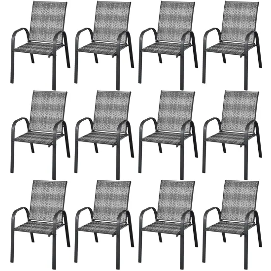 Costway Set of 12 Patio Rattan Dining Chairs Stackable Armrest Garden Mix Gray\Mix Brown {1}