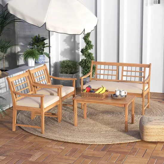 Costway 4 PCS Wood Patio Furniture Set with Soft Seat Cushions Solid Acacia Wood Frame Off White/Gray {4}