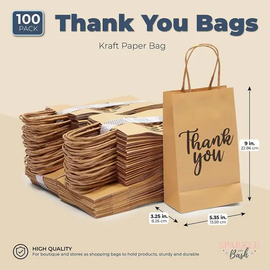100-Pack Small Thank You Gift Bags with Handles, Brown Kraft Paper Bulk Bags for Weddings, Birthday Party Favors, Gift Wrapping, Retail Small Businesses (9x5.3x3 in) {2}