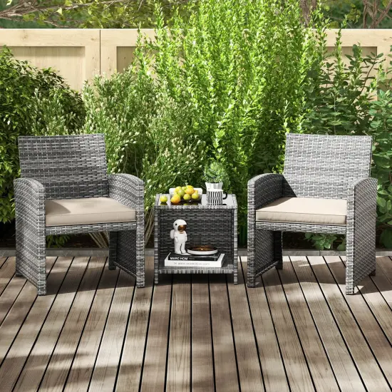 Costway 3 PCS Patio Furniture Set with Tempered Glass Coffee Table & Soft Seat Cushions Gray/Black/White {4}