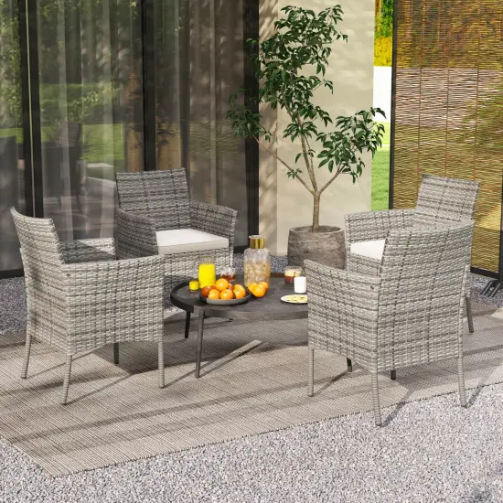 Costway Set of 2 Patio Rattan Arm Dining Chair Cushioned Sofa Furniture White {6}