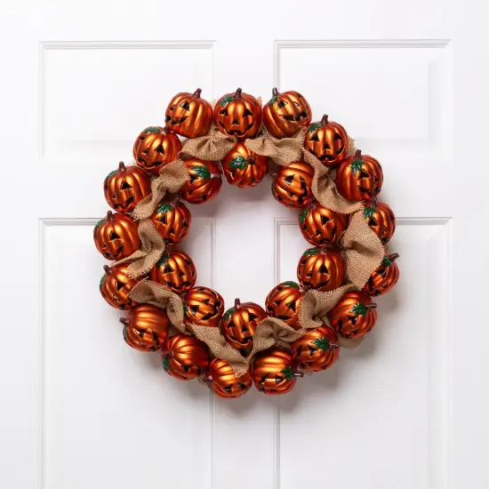 Northlight Jack-O-Lanterns with Burlap Ribbon Artificial Halloween Wreath - 20" - Unlit Orange {1}