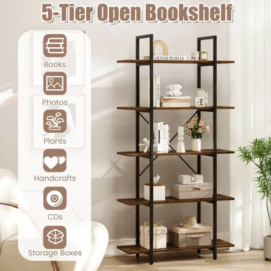 Costway 1/2 PCS 5-Tier Bookshelf 62" Tall Vintage Industrial Bookcase with Open Storage Shelves {6}