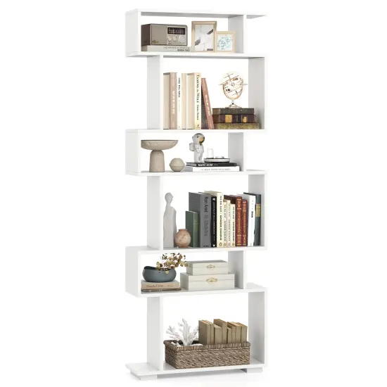 Costway 6-tier Storage Bookshelf S-shaped Geometric Bookcase with Anti-toppling Kits Brown/Black/White {1}