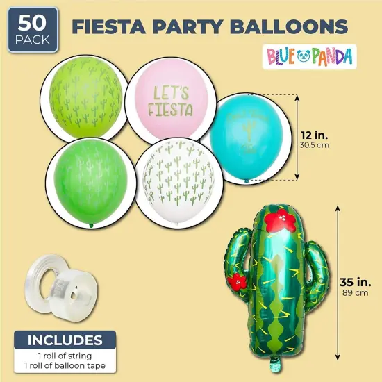 50 Pack Tropical Cactus Latex Balloons with Ribbons for Fiesta and Cinco de Mayo Party Supplies Decoration, 12 in Blue {2}