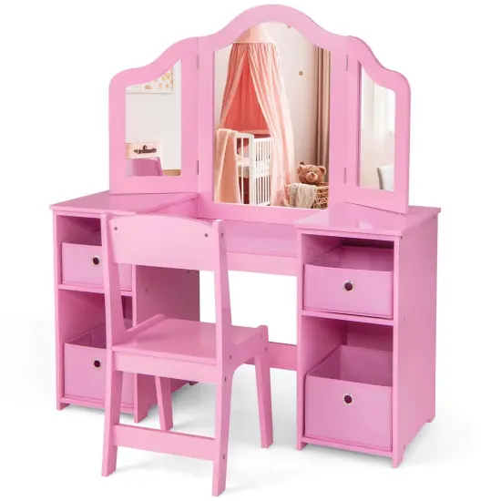 Costway Kids Vanity Table & Chair Set 2-in-1 Princess Pretend Play Makeup Vanity Set Pink/White {2}