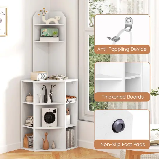 Costway 6-Tier Corner Shelf 63" Tall Corner Bookshelf with 2 USB Ports & Charging Station Brown/White {5}