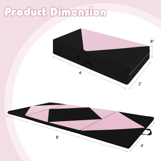 8 Feet PU Leather Folding Gymnastics Mat with Removable Zippered Cover and Hook and Loop Fasteners Black & Pink {4}