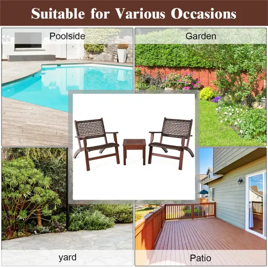 Costway 3PCSPatio Rattan Furniture SetSolid Eucalyptus Wood Frame Bistro Set with Coffee Table Patio Conversation Set (Brown) {5}
