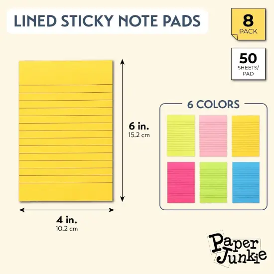 8-Pack Lined Sticky Notes in Bright Neon Colors, Self-stick Memo Notepad 4" x 6" for Office & School Multicolor {2}