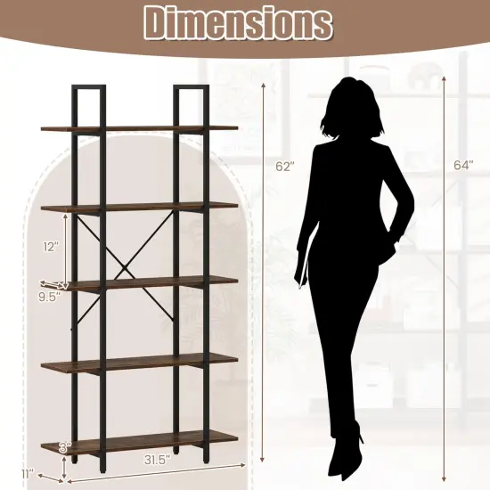 Costway 1/2 PCS 5-Tier Bookshelf 62" Tall Vintage Industrial Bookcase with Open Storage Shelves {3}