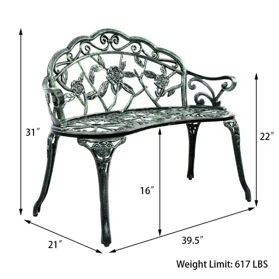Costway Patio Garden Bench Chair Style Porch Cast Aluminum Outdoor Rose Antique Green {2}