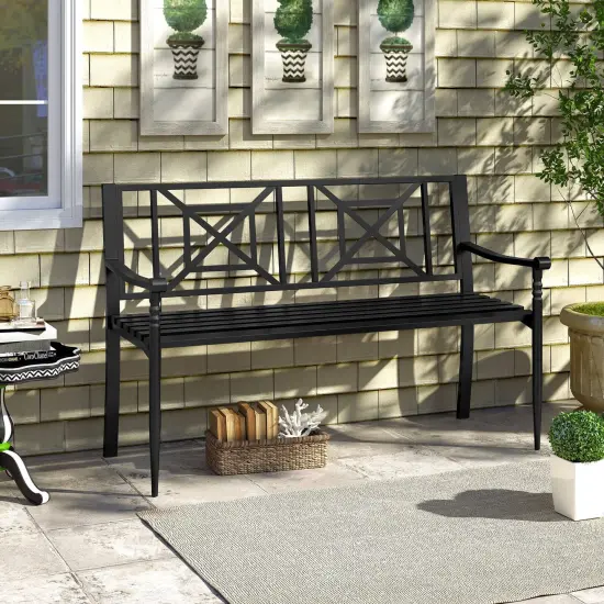 Costway Patio Garden Bench Steel Frame Park Yard Outdoor Furniture Porch Chair Black {5}
