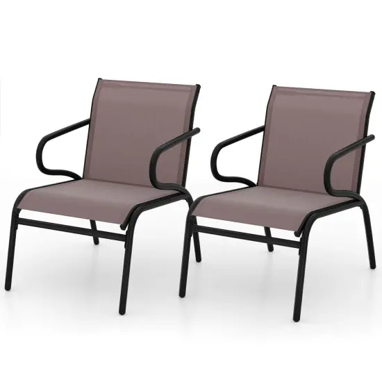 Costway Patio Chairs Set of 2/4/6 with Breathable Fabric & Metal Frame Armrests for Poolside Brown/Gay {7}