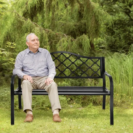 Costway 50'' Patio Garden Bench Loveseats Park Yard Furniture Decor Cast Iron Frame Black {4}