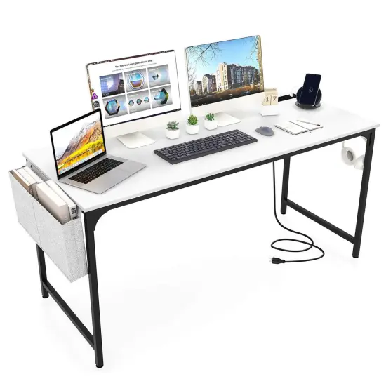 Costway 60" Modern Computer Desk with Charging Station with Storage Bag & Headphone Hook White {1}