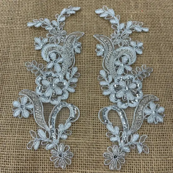 1 Pair Beaded & Corded Floral Lace Applique 9" x 2.5" Each Side Silver-HB {1}