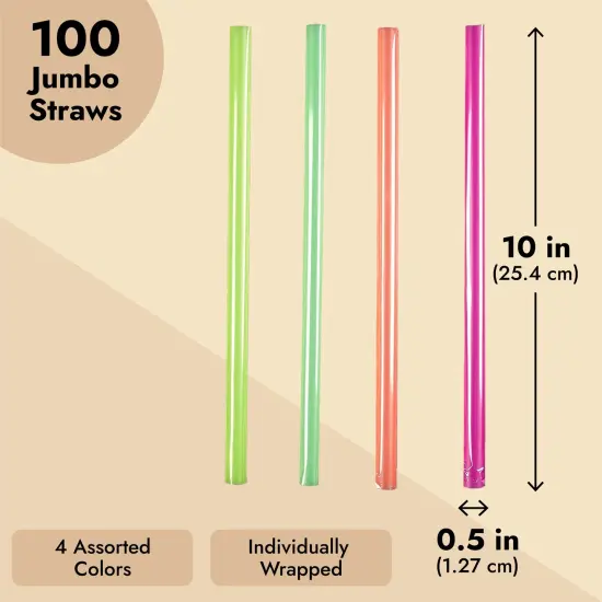 100-Pieces of Plastic Disposable Jumbo Straws Individually Wrapped 10 Inches Long Straws for Boba, Fruit Smoothies, Milkshakes, Bubble Tea (4 Colors, 0.5 Inch Diameter) Multicolor {4}