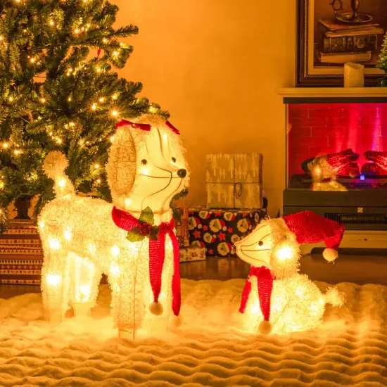 Costway Pre-lit Mama & Baby Poodle Dogs 60 Warm White LED Lights Red Hat & Scarf {5}