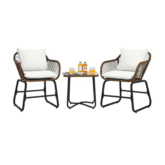 Costway 3PCS Patio Rattan Bistro Set Cushioned Chair Glass Table Deck White\Turquoise {9}
