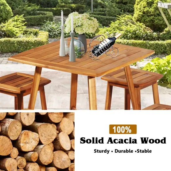 Costway 5PCS Acacia Patio Dining Set W/Square Table & 4 Stools Reddish Brown {6}