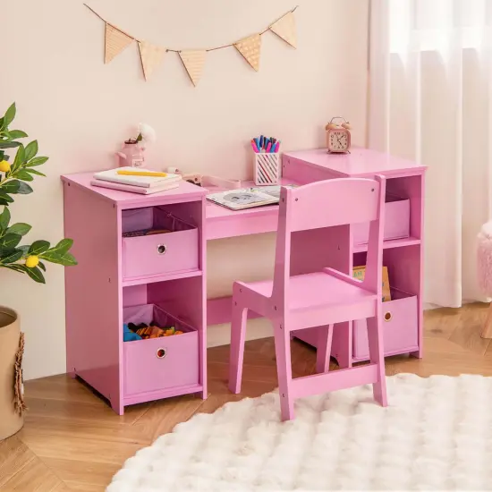 Costway Kids Vanity Table & Chair Set 2-in-1 Princess Pretend Play Makeup Vanity Set Pink/White {4}