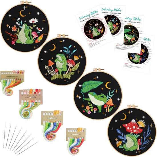 4 Set Frog Embroidery Kits for Beginners,Cross Stitch Kit for Adults,Starters DIY Needlepoint Including Embroidery Cloth with Art Mushroom Pattern and Instructions {1}
