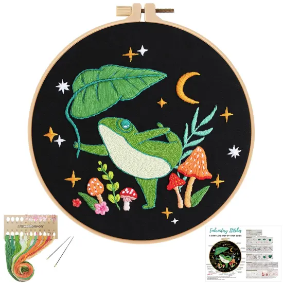 Frog Embroidery Kits for Beginners with Art Night Pattern, Cross Stitch Kit for Adults,DIY Needlepoint for Embroidery Starter {1}