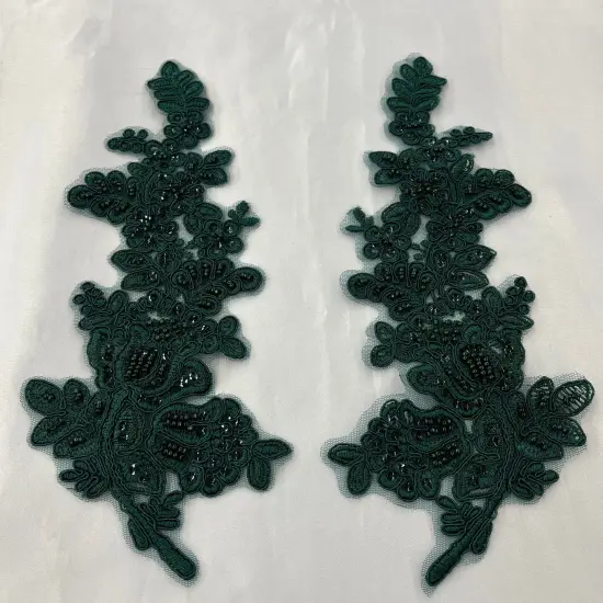 1 Pair Beaded & Corded Floral Lace Applique 100% Polyester Net Mesh 12" X 3.5" Each Side Hunter Color {1}
