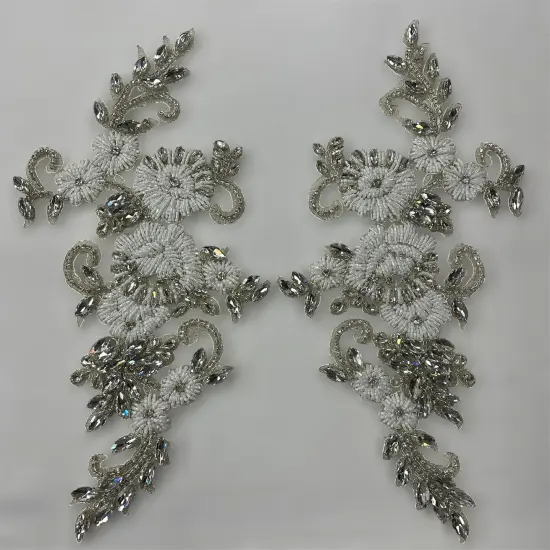 1 Pair Crystal Rhinestone Beaded & Corded Lace 100% Polyester, 12" x 5" Each Side Silver AB {2}